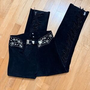 Kathrine Baumann Beverly Hills Black Leather Suede Chaps Vintage Western Small